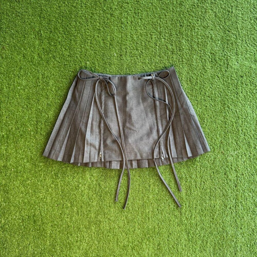 Gray Pleated Mini Skirt with Ties